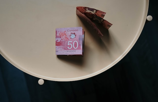 Closeup of fifty Canadian dollar bills