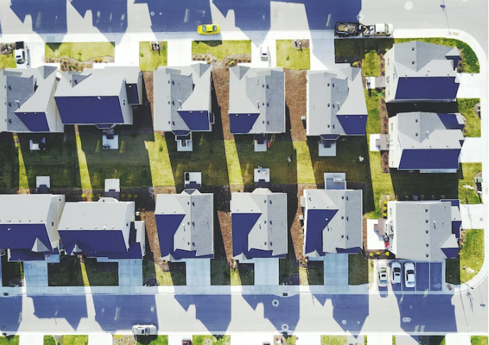 Aerial shot of houses in a neighbourhood. 