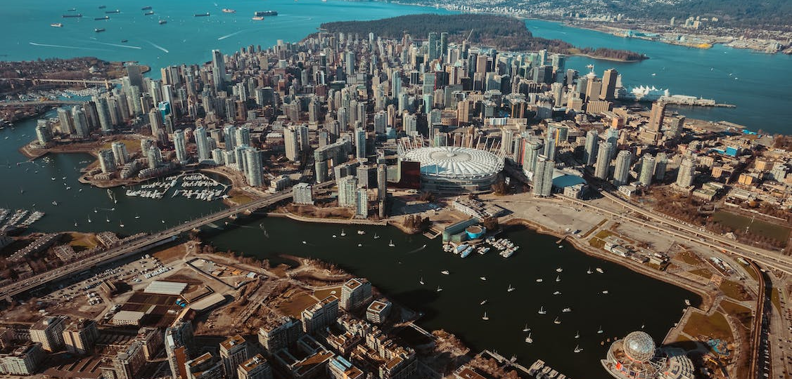 Top-angled shot of a city in Canada