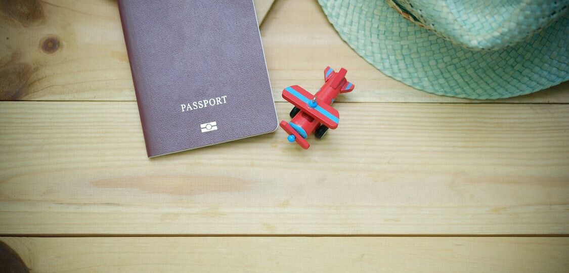 Backside of a Canadian passport, a toy plane, and a hat