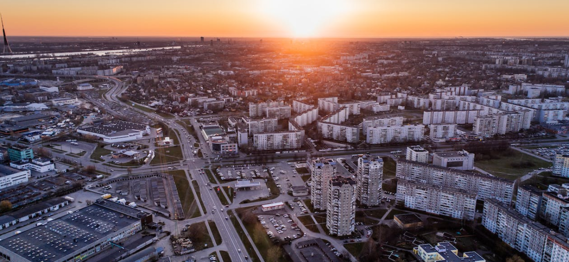 Aerial view of a city during sunset