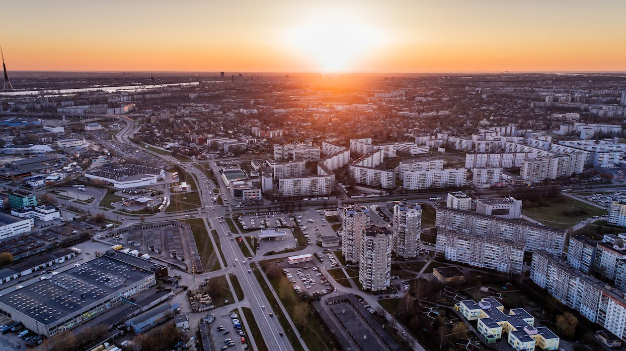 Aerial view of a city during sunset